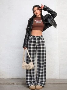 Jeanoix Petite Women's Streetwear Button Pocket Plaid Y2K Denim Jeans - Multicolor - View 3