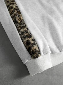ROMWE MEN Men's Leopard Print Patchwork Plush Hat Autumn Winter Loose Streetwear Sweatshirt Hoodie - Multicolor - View 6