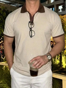 DAZY 夏季短袖米色拼接配色 Polo 領男士 T 恤 - 米色 - 查看 6