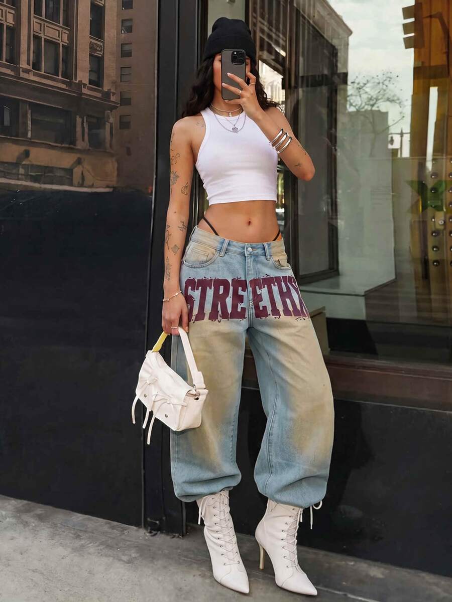 StreetHx Letter Graphic Washed Wide Leg Jeans - Blue - View 1
