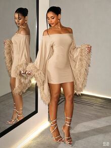 BamGleam Women's Solid Color Cold Shoulder Batwing Sleeve Faux Fur Patchwork Party Fashion Dress - Apricot - View 3