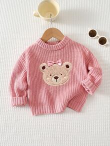 SHEIN Cute Pink Cartoon Bear Pattern Long Sleeve Autumn/Winter Sweater For Baby Girls - Dusty Pink - View 5