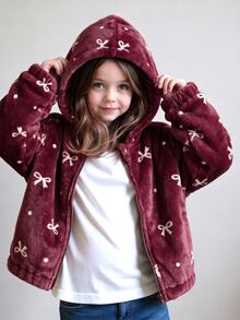 SHEIN Genkimix Kids 1件少女甜美軟萌風酒紅色外套，毛絨面料觸感柔軟，滿版白色蝴蝶結與波點印花，全連帽設計，前襟同色拉鍊方便穿脫，緊口袖口與下擺，寬鬆版型，適合日常出遊、購物、玩耍，秋冬加厚款 - 酒紅色 - 查看 5