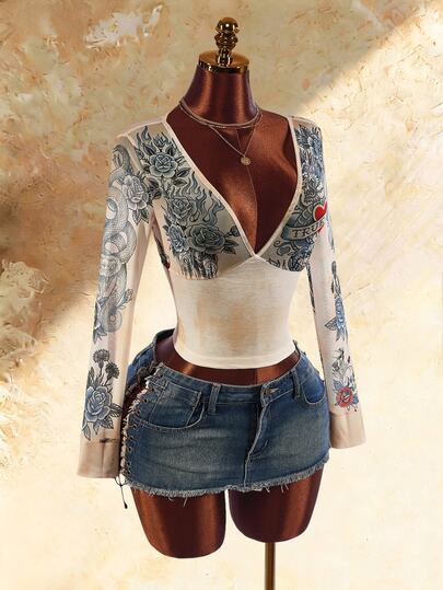 Amplova Women's Tattoo Print Long Sleeve Minimalist Sexy Y2K Sexy V-Neck Top Cute & Sexy