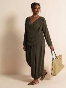 Elaquor Plus Size Women's Stacked Collar Long Sleeve Top And Pants 2 Pieces Set - Army Green - View 3