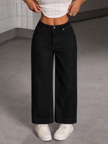 SHEIN PETITE Women's Autumn/Winter Daily Commute Comfortable Thermal Lined Jeans - Black - View 4