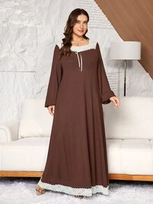 Lacomfia Plus Size Women Loose Casual A-Line Square Neck Short Sleeve Textured Knit Contrast Lace Contrast Color Bowknot Autumn Long Dress - Brown - View 5