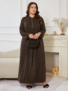 Al Najma Minimalist Casual Knit Jacquard Stand Collar Long Sleeve Loose Regular Fit Spring Autumn Plus Size Women Arabian Dress - Chocolate Brown - View 5