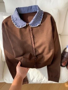 Comfortcana Winter Holiday Cottagecore Knitwear For Cafe Date Night Featuring Blue Plaid Patchwork Contrast And - Brown - View 7