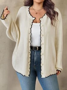 SHEIN CURVE+ Cardigan Rajut Wanita Ukuran Plus dengan Blok Warna dan Hem Melengkung - Aprikot - View 3