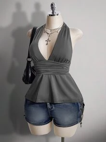 SHEIN ICON 大尺碼掛脖深V領收腰A字露背灰色背心，復古性感優雅Y2K娃娃裝，適合外出夜店夏季穿搭 - 灰色 - 查看 4