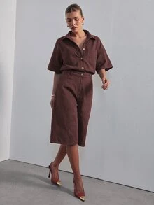 Hauture 女款短袖寬鬆長短牛仔連身褲，現代性感通勤上班穿搭 - 巧克力棕 - 查看 5