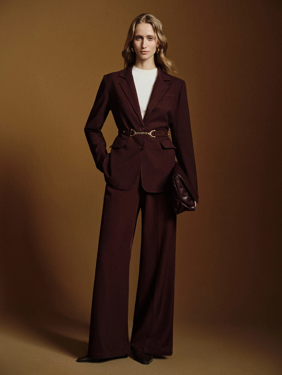 Anewsta Essential Anewsta Elegant Women's Metal Chain Decor Waist Belt Adjustable Silhouette Commuter Blazer Jacket - Burgundy - View 1