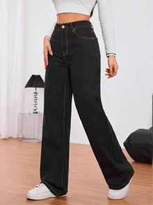 SHEIN Tall 女款純色極簡牛仔褲，適合約會、度假、派對、日常穿著、聚會、戶外活動 - 黑色 - 查看 3