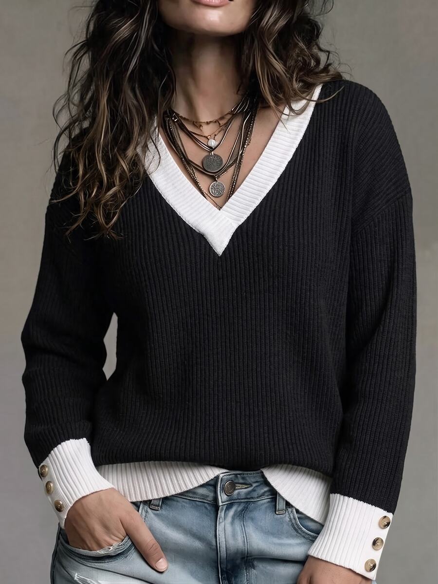 Glimmora Spring Autumn New Plus Size Colorblock V-Neck Sweatshirt Women Black White Patchwork Ribbed Knit Pullover Loose Drop Shoulder Casual Slimming Daily Commute Sweatshirt With Cuff Buttons - Multicolor - View 1