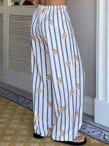 DAZY Women's Striped & Cartoon Print Elastic Waist Drawstring Loose Pajama Pants - Blue and White - View 2