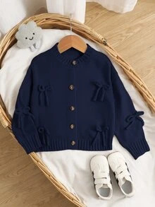 SHEIN 女童少女休閒日常時尚秋冬蝴蝶結針織上衣，長袖開襟衫返校毛衣 - 藍色 - 查看 5