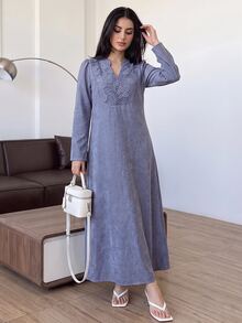 Solavon Women's French Lace Long Sleeve Arabian Dress - Blue - View 1