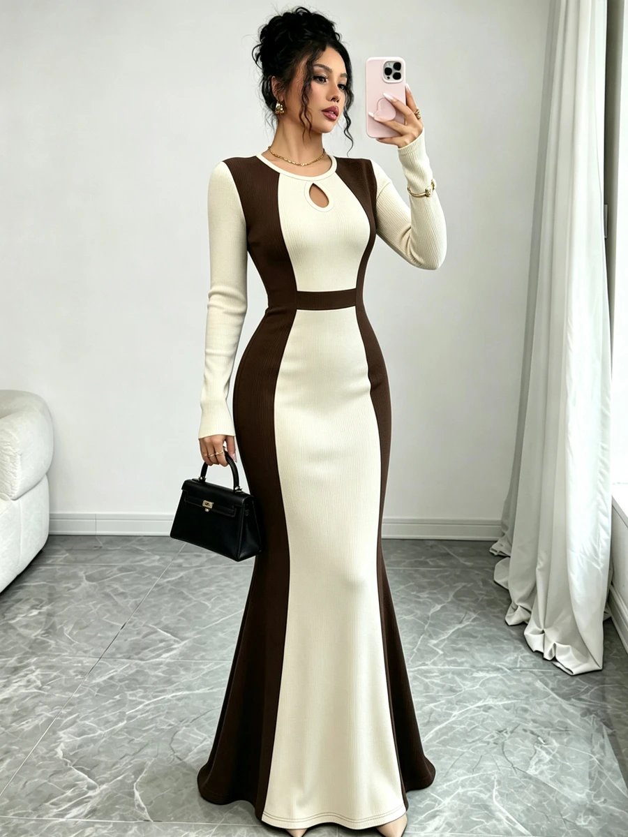 Elenzga Mature Style Slimming Ceiling Coffee & Beige Contrast Vertical Ribbed Fitted Dress, Vintage Hollow Neckline Mermaid Tail Dress - Multicolor - View 1