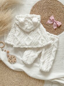 SHEIN Vintaside Kids 2件組新生女嬰外套＋連腳褲，可愛甜美白色粉色 3D 熊耳蝴蝶結毛絨長袖連帽加厚款，適合冬季聖誕節與秋季假期 - 白色 - 查看 2