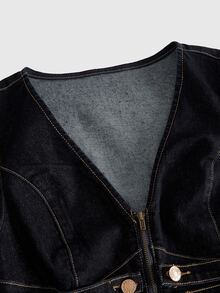 ROMWE Grunge Punk Vintage Button-Down Sweetheart Neck Petal Sleeve Cinched Waist Women's Denim Shirt - Dark Wash - View 5