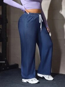 Flexra Old Money Plus Size Women's Blue Stretch Denim Banana Leg Pants With Elastic Waistband And Drawstring - Dark Wash - View 5