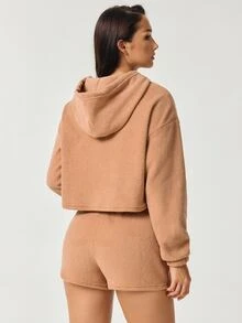 SHAPORA Women's Autumn/Winter Fashion Minimalist Comfortable Khaki Half-Fleece Short Sweatshirt & Ultra Shorts Loungewear 2pcs Set - Khaki - View 2