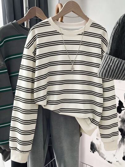 SHEIN LUNE Áo nỉ cổ tròn kẻ sọc đen trắng phong cách thường ngày cho nữ