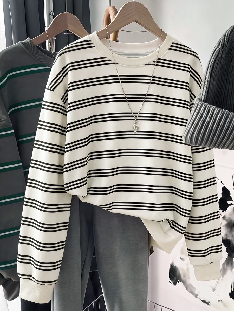 SHEIN LUNE 女款休閒黑白條紋圓領運動衫 - 白色 - 查看 1