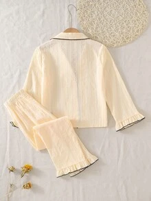 Tween Girl Swiss Dot Contrast Binding Bell Sleeve Button Front Pajamas Set - Apricot - View 2
