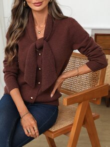 EMERY ROSE Women's Autumn New Fashion Loose Slimming Knit Cardigan Jacket With Scarf Collar, Elegant Niche Design For Party, Birthday, Business Casual And Commute - Brown - View 3