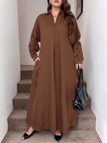 Easowa Curve Women Plus Size Loose Casual Daily Drop Shoulder Lantern Sleeve Striped Long Shirt Dress Fall - Rust Brown - View 3