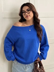 SHEIN EZwear 秋冬款皇家藍保暖內裡寬鬆不對稱肩設計女款運動衫 - 寶藍色 - 查看 4