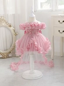 SHEIN Gaun Putri Bayi Balita Bahu Terbuka dengan Ekor Panjang Bahan Mesh - Dusty Pink - View 3