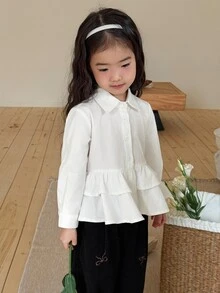 DAZY Infant Girl Solid Color Long Sleeve Top With Turn Collar And Ruffle Trim - White - View 4