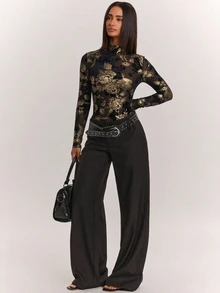 SHEIN BAE Autumn/Winter Solid Color Long Sleeve Gold Thread Rose Flocked Bodysuit Innerwear For Women - Black - View 5