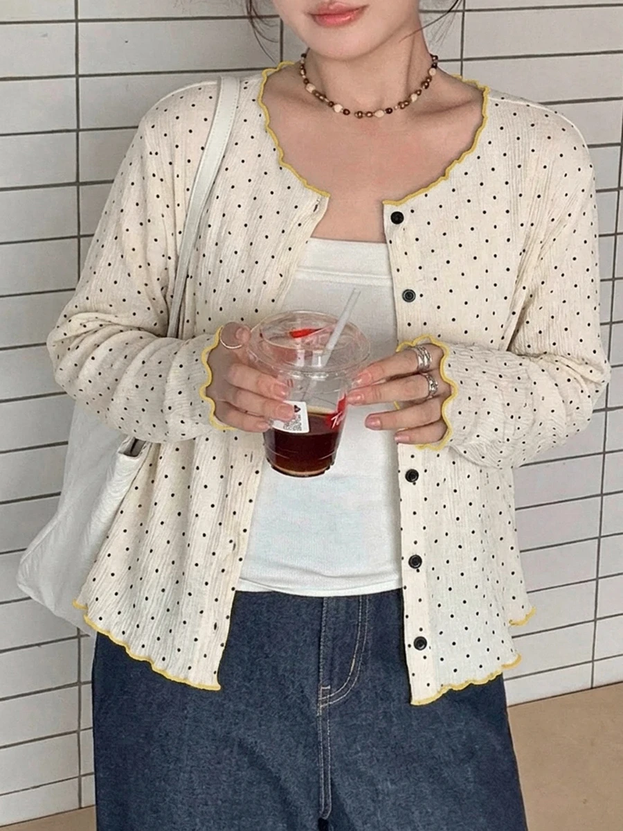 Dazy Plus Small Polka Dot Round Neck Button Front Long Sleeve Casual Cardigan For Girls Spring Autumn - Apricot - View 1