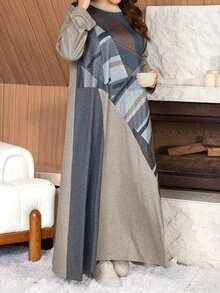 Lacomfia Plus Size Women's Loose Casual A-Line Round Neck Long Sleeve Patchwork Print Autumn Long Dress - Grey - View 3