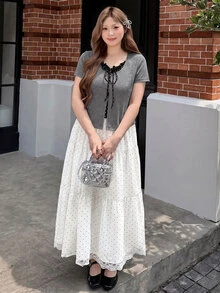 Bijouette Zanying Summer Plus Size Black And White Casual Elegant Sexy 2 In 1 Top Contrast Color Frill Trim Patchwork Polka Dot Inner Design Birthday - Grey - View 2