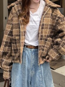 FRIFUL Women's Vintage Plaid Pocket Zipper Long Sleeve Jacket - Grey - View 3