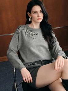 Anewsta Women's New Autumn Knit Sweater Top With Heavy Hand-Embellished Rhinestones, Round Neck Pullover - Grey - View 1