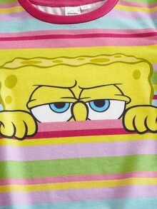 SpongeBob SquarePants | SHEIN Young Girl Striped Cartoon Graphic Print Short Sleeve T-Shirt - Pink - View 4