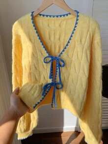 Comfortcana Fall Winter Coquette Style Cardigan For Date Night Featuring Blue Bows And Cable Knit In Yellow Cont - Yellow - View 8