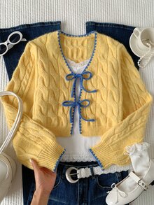 Comfortcana Fall Winter Coquette Style Cardigan For Date Night Featuring Blue Bows And Cable Knit In Yellow Cont - Yellow - View 7