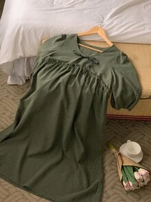 DAZY Solid Tie Front Smock Sleep Dress - Green - View 4