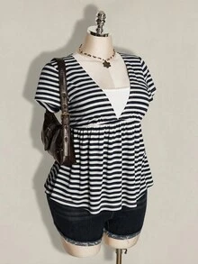 SHEIN ICON 女款大尺碼條紋兩件式休閒日常短袖T恤 - 藏蓝色 - 查看 8
