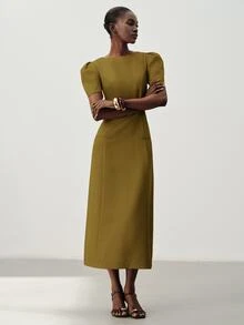 Aveloria Modichic Solid Puff Sleeve Longline Dress Office Tea Party Olive Green Summer Elegant Minimalist - Green - View 4