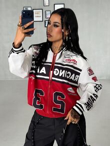 Coolane 女款與男款秋冬街頭風休閒運動賽車手出門穿搭圖案拉鍊式寬鬆長袖棒球衫賽車夾克 - 彩色 - 查看 3