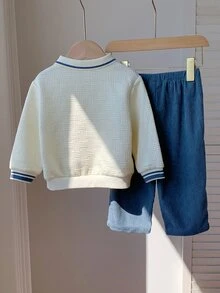 SHEIN 男嬰騎士圖案長袖 Polo 衫與長褲休閒日常套裝 - 彩色 - 查看 2
