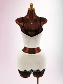 Amplova Autumn/Winter Party Home Daily Date Lace Patchwork Knit Vest Mini Skirt Knit Set - Apricot - View 3